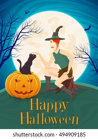 Halloween card with witch and a cat.