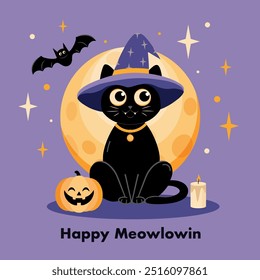 Halloween card, witch cat, night, full moon, with a picture of a cat, pumpkin, candles, bat and moon. Flat vector illustration.