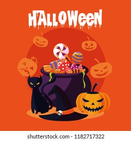 halloween card with witch cauldron