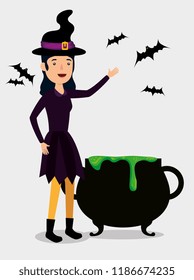 halloween card with witch disguise and cauldron