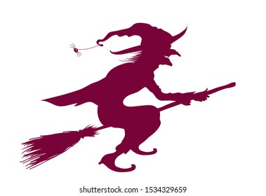 Halloween card with witch flying on the broom, witch silhouette,
Vector illustration isolated on black background
