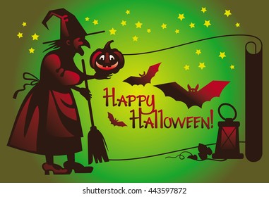 Halloween card with a witch flying on broom and holiday greeting "Happy Halloween!".Vector clip art.