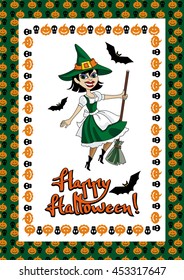 Halloween card with a witch flying on broom and holiday greeting "Happy Halloween!".Vector clip art.