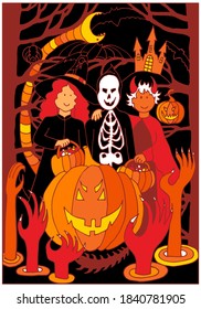 Halloween card. Witch, ghosts, skeleton, bats, pumpkins, hands, moon, castle, snake on a night of celebration. Trick or treat. Hand drawn vector for party cards, poster, print, decoration.