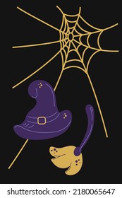 Halloween card. Witch hat, broom and cobwebs on a black background.