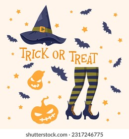 Halloween card. Witch hat and stockings legs, halloween poster or invitation card with witchcraft elements flat vector illustration