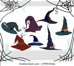 Halloween card with witch pointed hats of different styles.Decor in the form of a spiders,cobwebs,bats.Torn edges,holes in the fabric.Festival or party costume for the sorceress.Creepy Day of the Dead