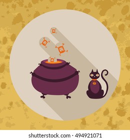 Halloween card. Witch pot and dark cat