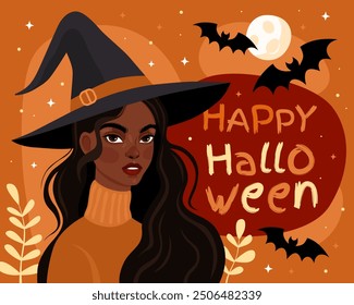 Tarjeta de Halloween. Bruja, hechicera. La joven de piel oscura con un sombrero de bruja y un suéter naranja. La inscripción "feliz halloween", murciélagos, luna llena, fondo naranja.