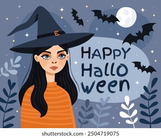 Halloween card. Witch, sorceress, elf. The cute cartoon girl wearing a witch's hat and an orange sweater. The inscription "happy halloween", bats, full moon, blue background.