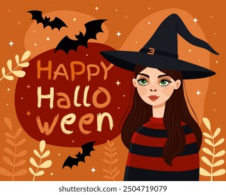 Halloween card. Witch, sorceress, elf. The cute cartoon girl wearing a witch's hat and a black-red sweater. The inscription "trick or treat", bats, orange background.