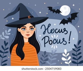 Halloween card. Witch, sorceress, elf. The cute cartoon girl wearing a witch's hat and an orange sweater. The inscription "hocus pocus!", bats, full moon, blue background.