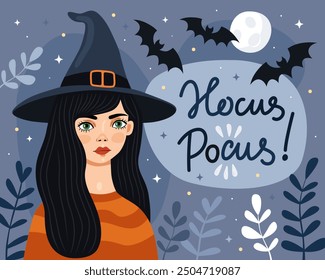 Halloween card. Witch, sorceress, elf. The girl with black hair and green eyes, wearing a witch's hat and an orange sweater. The inscription "hocus pocus!", bats, full moon, blue background.