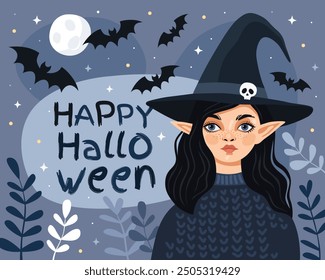 Halloween card. Witch, sorceress, elf. The cute cartoon girl wearing a witch's hat and a blue sweater. The inscription "happy halloween", bats, full moon, blue background.