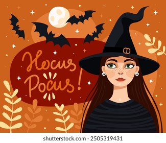 Halloween card. Witch, sorceress, elf. The cute cartoon girl wearing a witch's hat and a blue sweater. The inscription "hocus pocus", bats, full moon, orange and red background.