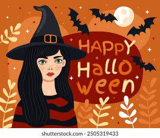 Halloween card. Witch, sorceress, elf. The girl with black hair and green eyes, wearing a witch's hat and a red-black sweater. The inscription "happy halloween", bats, full moon, orange background.