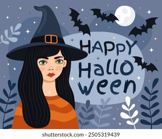 Halloween card. Witch, sorceress, elf. The girl with black hair and green eyes, wearing a witch's hat and an orange sweater. The inscription "happy halloween", bats, full moon, blue background.