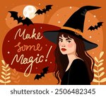 Halloween card. Witch, sorceress. The girl in a black witch