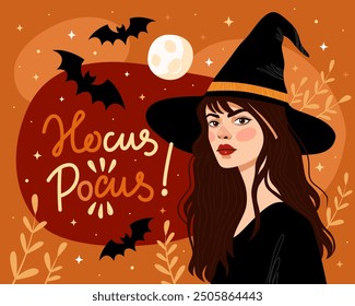 Halloween card. Witch, sorceress. The girl in a black witch's hat and a black dress. The inscription "hocus pocus", bats, full moon, orange and red background.