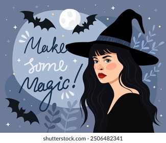 Halloween card. Witch, sorceress. The girl in a black witch's hat and a black dress. The inscription "make some magic", bats, full moon, blue background.
