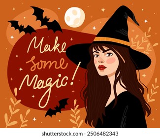 Halloween card. Witch, sorceress. The girl in a black witch's hat and a black dress. The inscription "make some magic", bats, full moon, orange and red background.