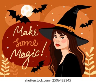 Tarjeta de Halloween. Bruja, hechicera. La chica con un sombrero de bruja negro y un vestido negro. La inscripción "hacer algo de magia", murciélagos, luna llena, fondo naranja y rojo.