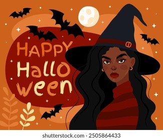 Halloween card. Witch, sorceress. Portrait of a dark-skinned girl in a black witch's hat and a red sweater. The inscription "happy halloween", bats, full moon, orange background.