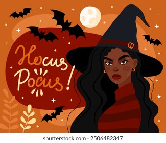 Halloween card. Witch, sorceress. Portrait of a dark-skinned girl in a black witch's hat and a red sweater. The inscription "hocus pocus", bats, full moon, orange background.