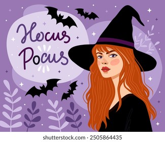 Halloween card. Witch, sorceress. The red-haired girl in a black witch's hat and a black dress. The inscription "hocus pocus", bats, purple background.