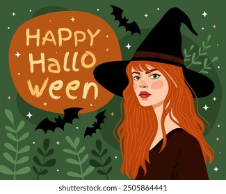 Halloween card. Witch, sorceress. The red-haired girl in a black witch's hat and a black dress. The inscription "happy halloween", bats, green background.