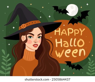 Tarjeta de Halloween. Bruja, hechicera. Mujer joven con un sombrero de bruja negro y un suéter naranja. La inscripción "feliz halloween", murciélagos, fondo verde.