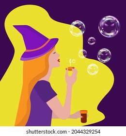 Halloween card with witch and spooky soap bubbles.