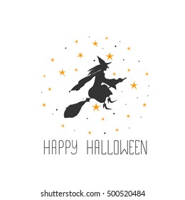 Halloween card with witch and text Happy Halloween. Witch on broom. Happy Halloween poster.