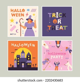 Halloween card. Witch, vampire castle, people in Halloween costumes, trick or treat. flat design style vector illustration.