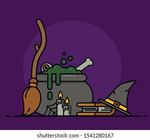 halloween card with witches cauldron, broom, hat and witch book