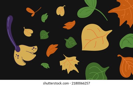 Halloween card. Witch's broom on the background of falling leaves on a black background.