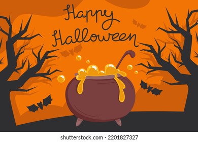 Halloween card with witch's cauldron in flat style