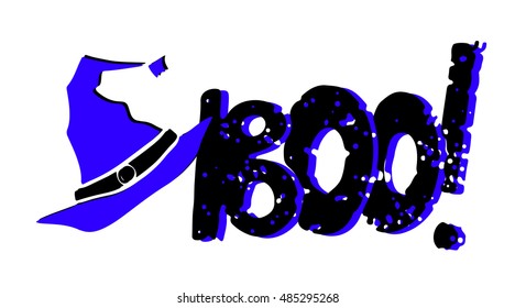 Halloween card. Wizard hat. Boo handwritten text. Isolated on white background