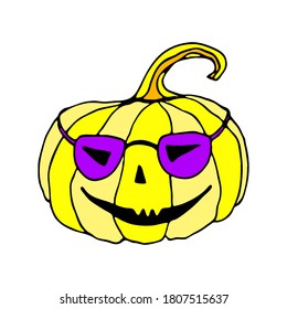 Halloween card with yellow pumpkin on white background. Funny doodle art. Jack lantern in glasses. Vector illustration for card design and fall decoration.