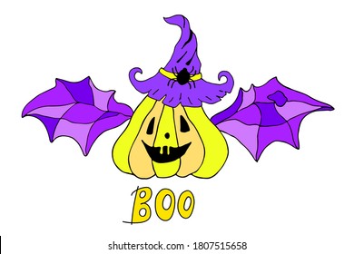 Halloween card with yellow pumpkin with wings and lettering isolated on white background. Funny doodle art. Jack lantern in wizard hat vector illustration for card design and fall decoration.
