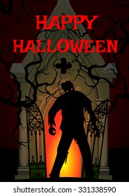 Halloween card with zombie in crypt at night