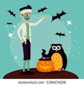 halloween card with zombie disguise and owl