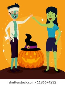 halloween card with zombie disguise and pumpkin