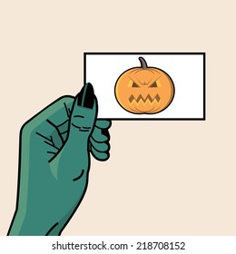 Halloween Card, Zombie Hand Holding Card With Pumpkin