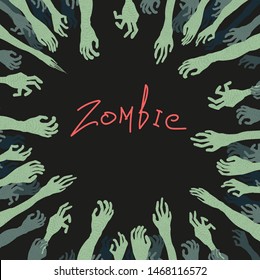 Halloween card with zomia hands. Vector cartoon illustration