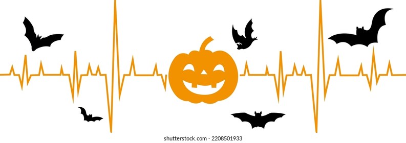 Halloween cardiogram. Pumpkin and bat. For your design. White background.