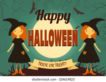 Halloween cardposter with witch. Vector illustration.