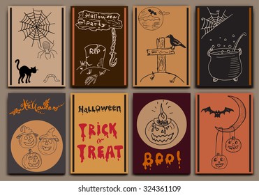 Halloween cards baners design vector set with Hand Drawn Sketch elements pumpkin, bats, spiders with web, witch pot, cat. Doodles set with Lettering