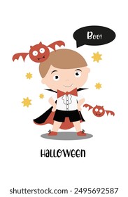 Halloween cards with boy in carnival dracula costume for halloween party. Vector illustration with Halloween kids