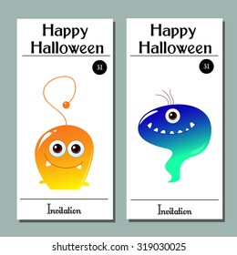 Halloween cards with cute cartoon monsters. Happy halloween. Halloween party. Templates For Placards, Posters, Flyers, Party, Invitation. Hand draw Halloween series